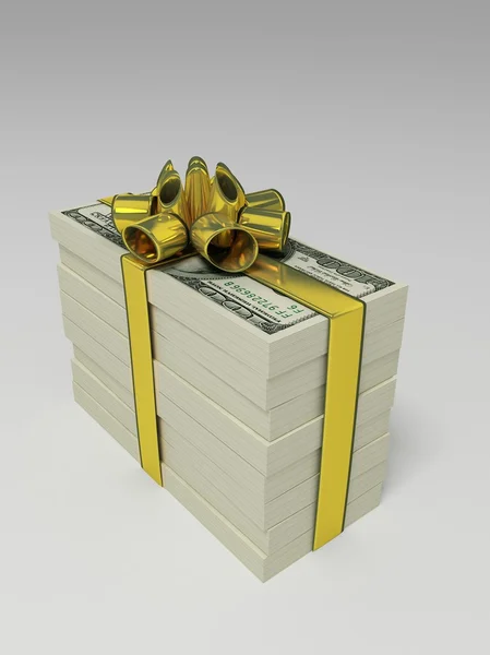 Bundle of dollars in the golden ribbon as a gift — Stock Photo, Image