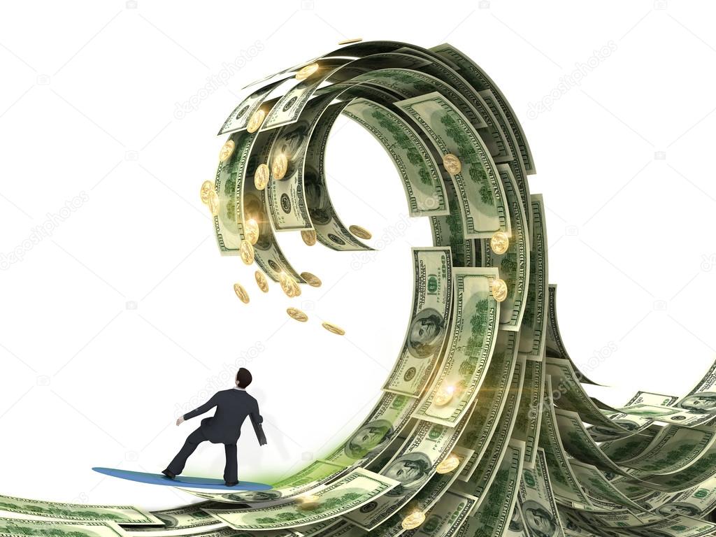 Businessman slips surfing on a wave of money