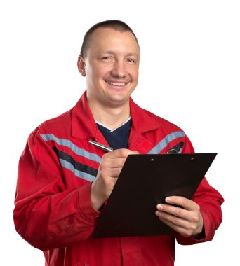 Happy service man with clipboard clipart