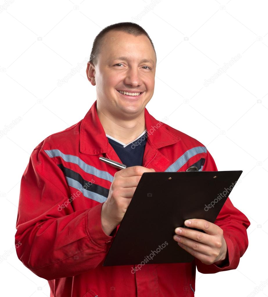 Happy service man with clipboard
