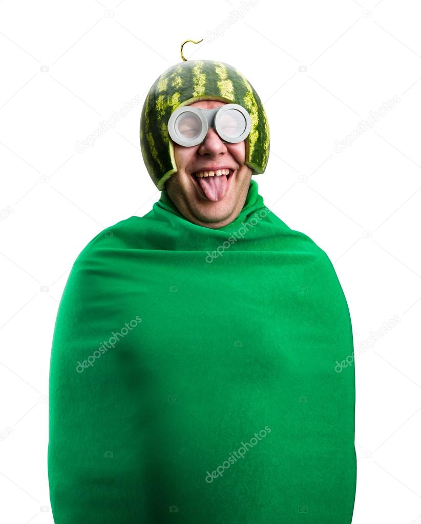 Funny man with watermelon helmet and googles
