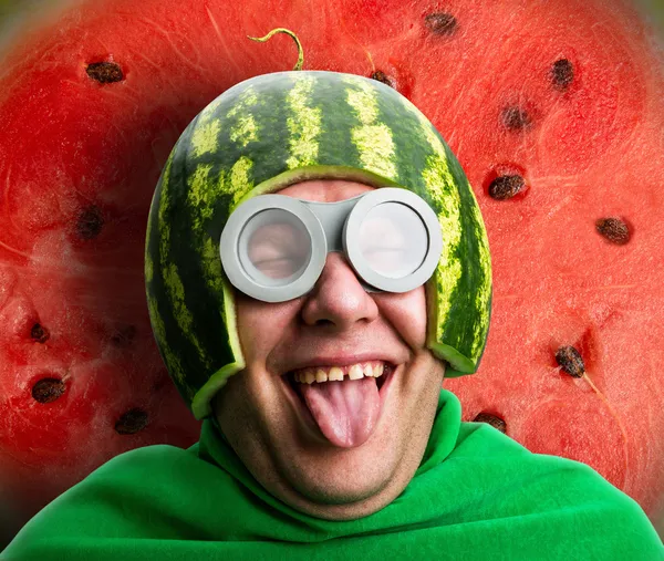 Funny man with watermelon helmet and googles — Stock Photo, Image