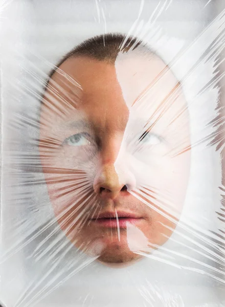 Mans head in food container — Stock Photo, Image