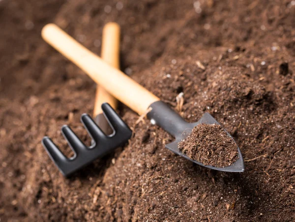 Garden tools on soil — Stock Photo, Image