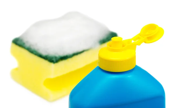 Płyn do mycia naczyń i gąbki — Zdjęcie stockowe