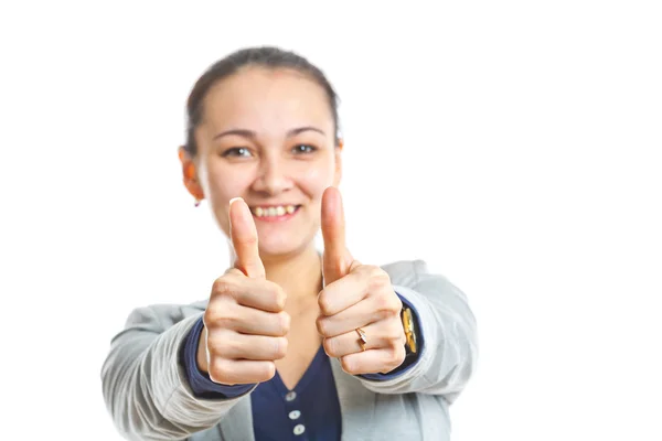 Businesswoman with two fingers up — Stock Photo, Image