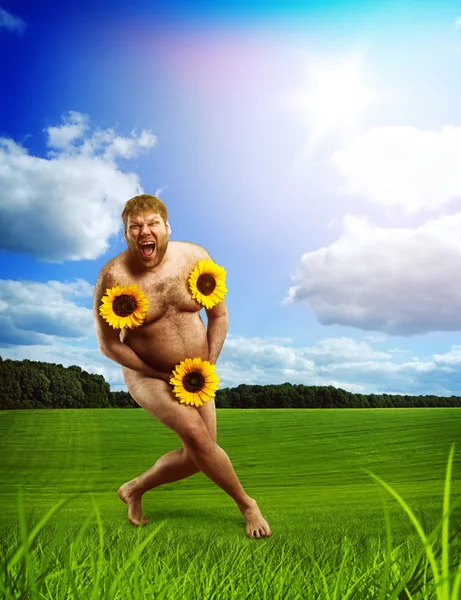 Голый человек в зеленом поле с подсолнухами — стоковое фото