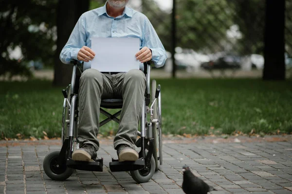 Mozgássérült felnőtt férfi tolószékben sétál a parkban — Stock Fotó