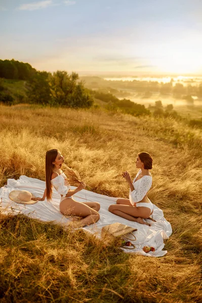 Two women in lingerie lying on blanket in field — Stock Photo, Image