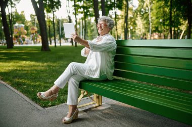 Bankta dizüstü bilgisayar kullanan gözlüklü yaşlı bir kadın.