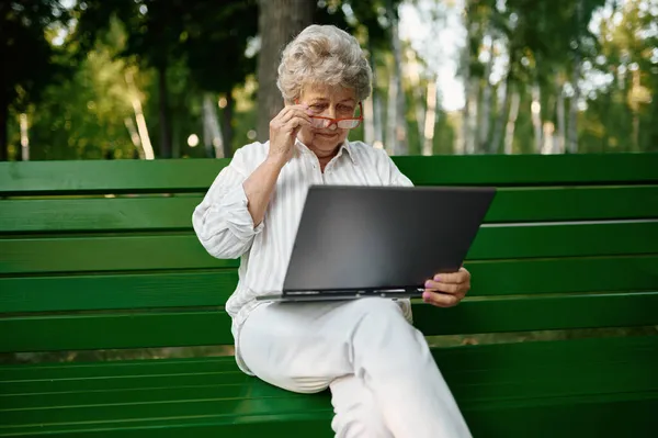 Drandma met laptop op de bank in het zomerpark — Stockfoto