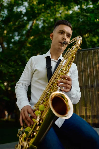 Saxofonista masculino toca saxofone no parque — Fotografia de Stock