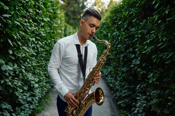 Saxofonista masculino toca en el callejón en el parque de verano —  Fotos de Stock