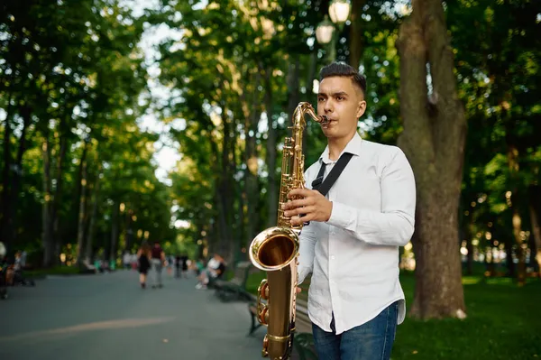 Saxofonista toca melodia no parque de verão — Fotografia de Stock