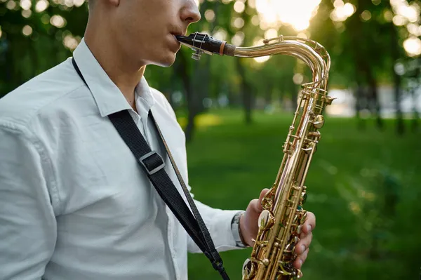 Saxophonist plays melody in summer park — Stock Photo, Image