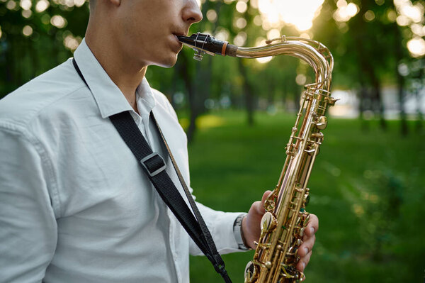 Saxophonist plays melody in summer park