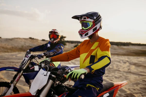 Male moto bikers in protective helmet portrait — ストック写真
