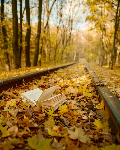 An open book at railroad track — Stock Photo, Image