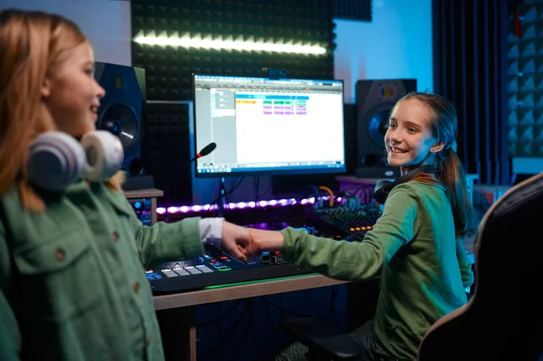 Happy Girls Children Radio Station Record Studio Kids Cheering Each — Stock fotografie