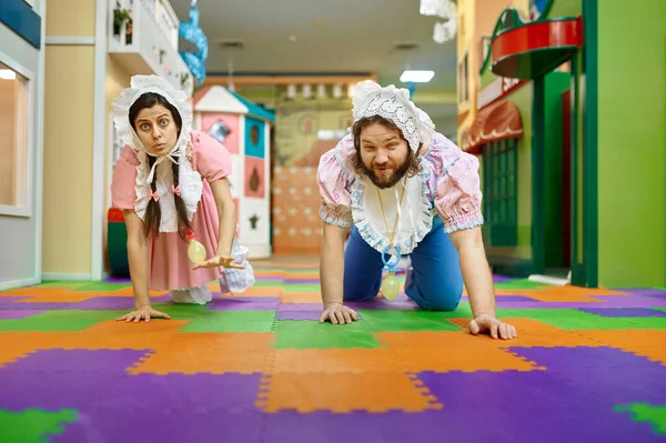 Cute Funny Woman Man Baby Crawling Floor Kindergarten Children Entertainment — Stock Photo, Image