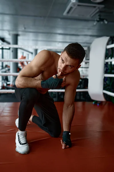 Portrait Young Boxer Athlete Wrapped Hand Bandage Posing Camera One — Stock Photo, Image