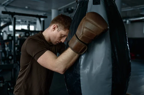 Tired Man Boxer Holding Punching Bag Feeling Heavy Fatigue Hard — Stock Photo, Image