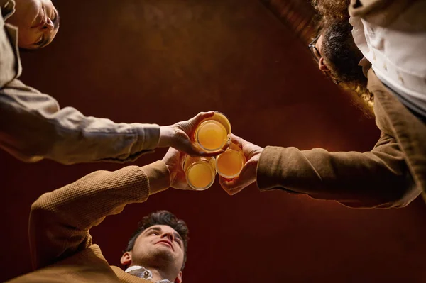 Bira Bardaklarını Tokuşturan Arkadaşların Alt Görüntüsü Alkollü Içeceklerle Dolu Eller — Stok fotoğraf