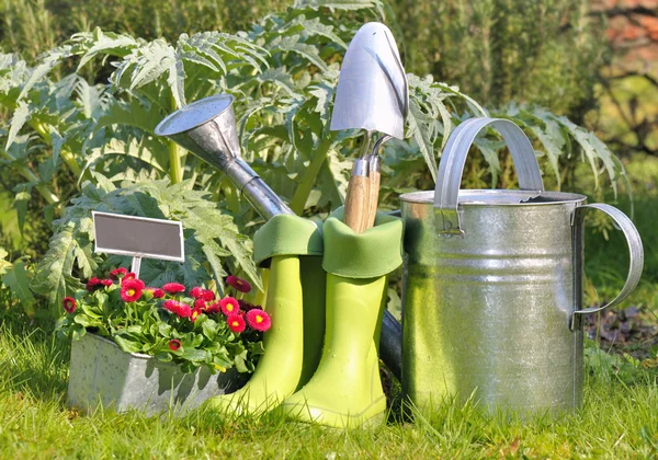 Tools and boots for gardening — Stock Photo, Image