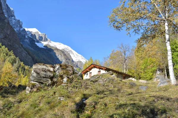 Chalet Dans Paysage Montagne Alpin Avec Fond Montagne Enneigée Sous — Photo