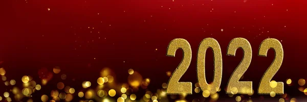 Golden 2022 Number Blur Lights Red Background Panoramic View — Stock Photo, Image