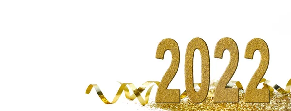 2022 Gouden Nummer Staan Lint Confetti Witte Achtergrond — Stockfoto