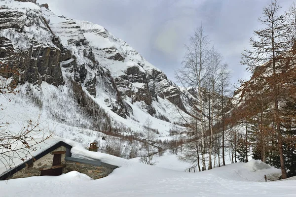 Karda Alp Dağı Karda Bir Dağ Evi Gömülü — Stok fotoğraf