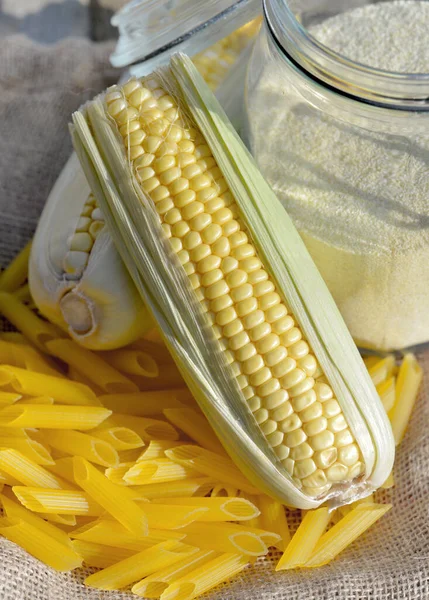 Fresh Ear Corn Flour Jar Free Gluten Pasta — Stock Photo, Image