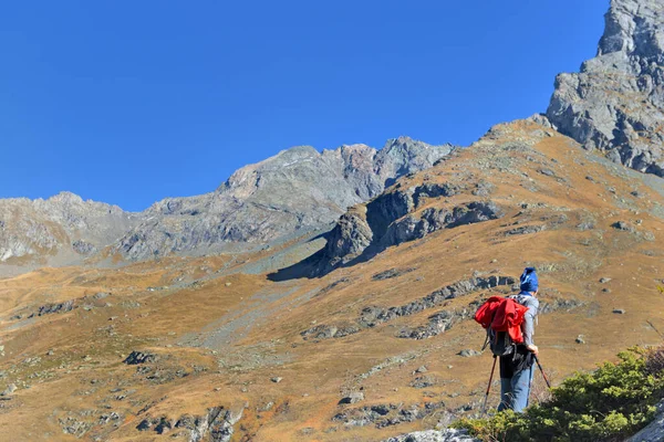 Hiker Standing Watching Landscape Top Mountains European Alps —  Fotos de Stock