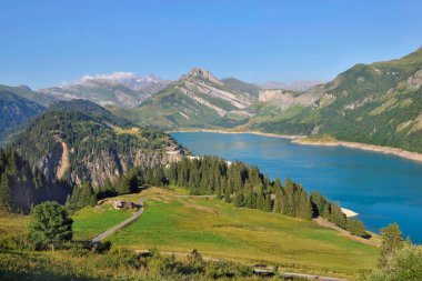beautiful landscape with a lake and peak montain back and green meadow in the foreground in french Alps 