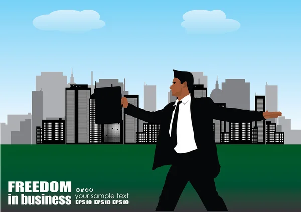 Businessman on city panorama — Stock Vector