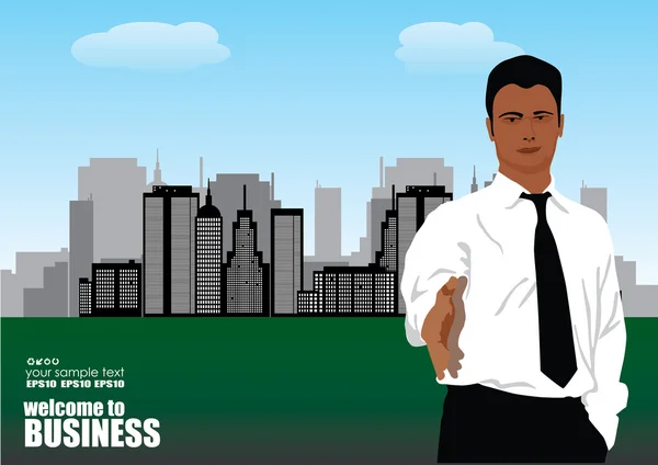 Empresario en el panorama de la ciudad — Vector de stock