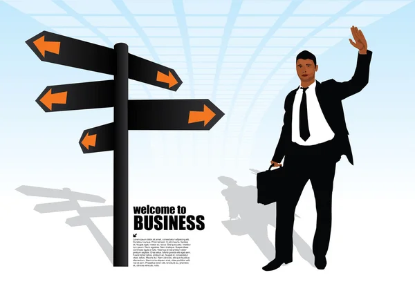 Businessman and the signpost — Stock Vector