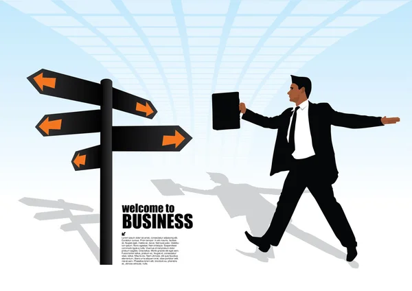 Businessman and the signpost — Stock Vector