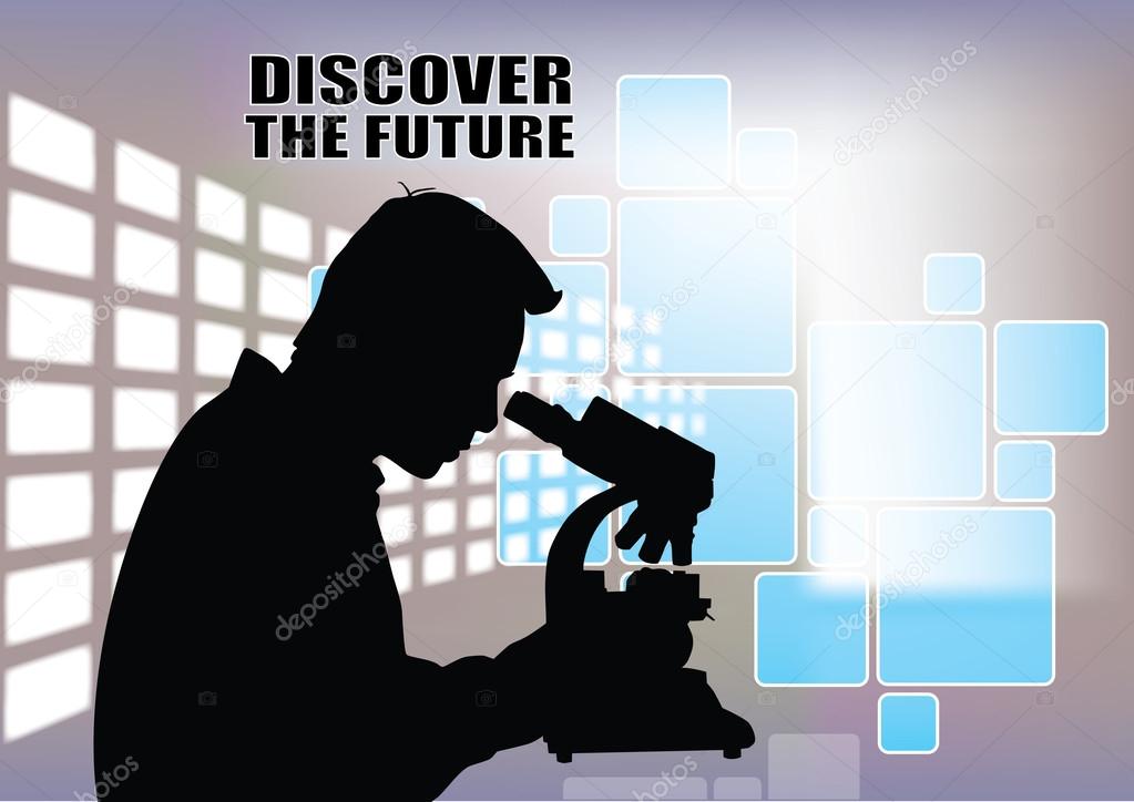 Scientist with microscope on abstract background