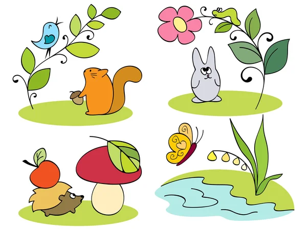 Pequeños habitantes del bosque — Vector de stock