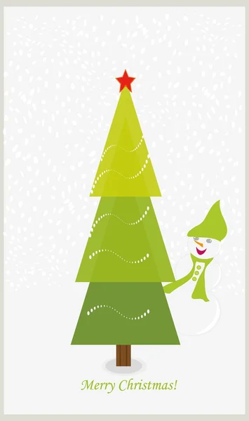 Vintage kort med julen träd slutet snögubbe. — Stock vektor