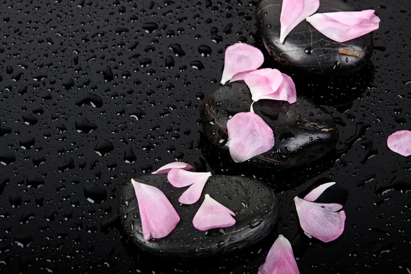 검은 바탕에 장미 꽃잎을 가진 스파 돌. — 스톡 사진