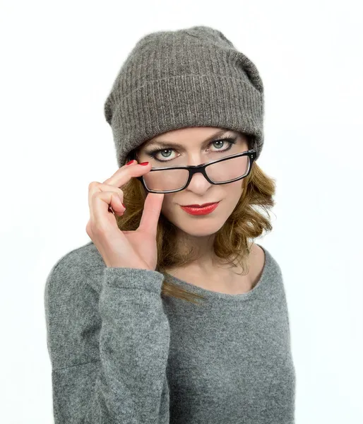 Young woman wearing her glasses — Stock Photo, Image