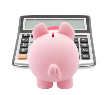 kumbara ve beyaz arka plan üzerinde izole callculator