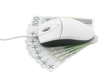 Computer mouse on polish money with clipping path clipart
