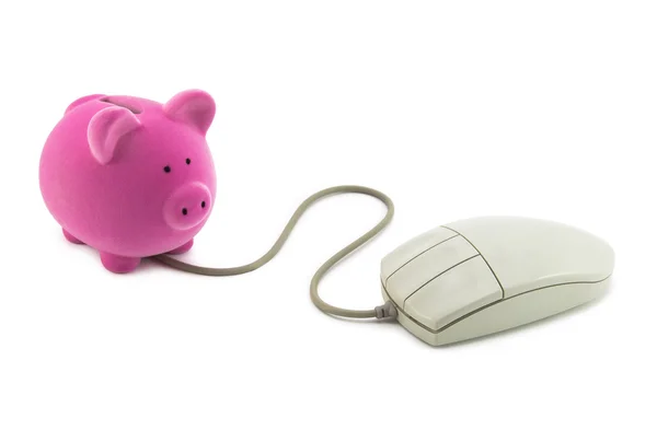 Piggy bank with computer mouse. Clipping path included. — Stock Photo, Image