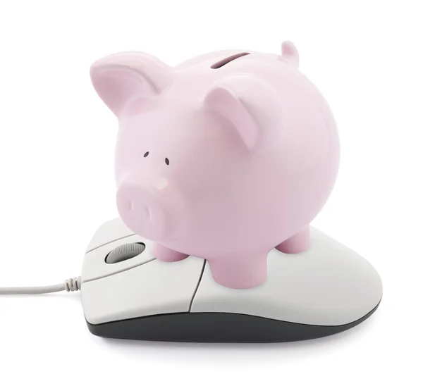 Banca online. Banco porquinho e mouse de computador — Fotografia de Stock