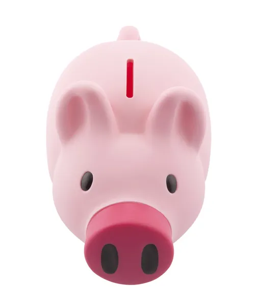 Bovenaanzicht van roze piggy bank met uitknippad — Stockfoto