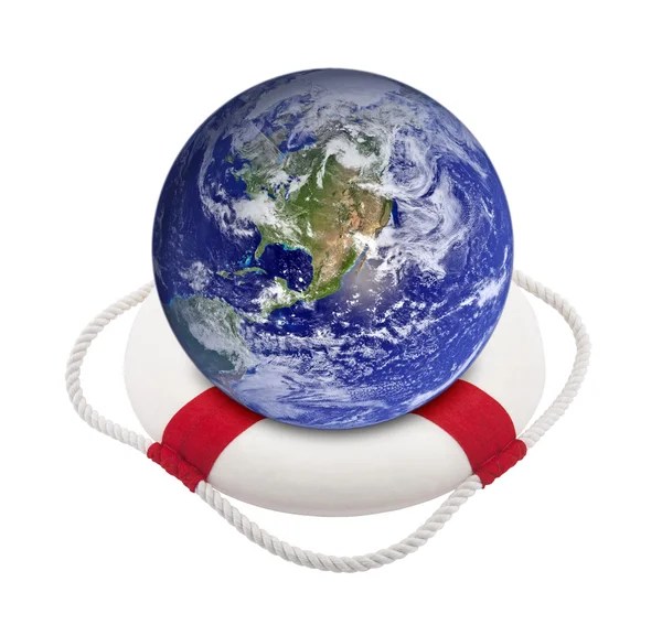 Earth globe in reddingsboei over Wit — Stockfoto